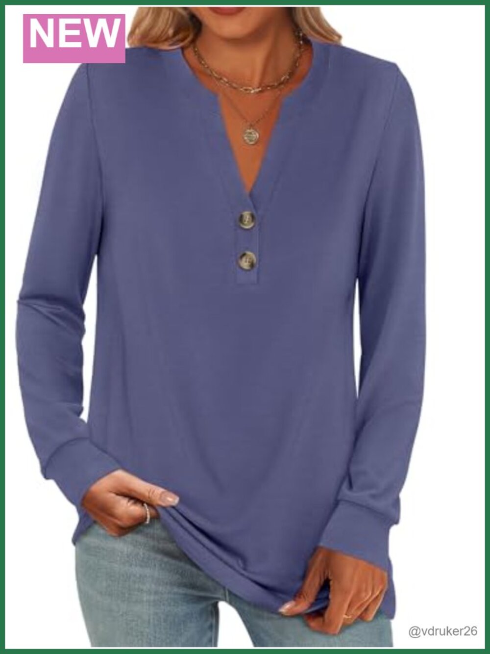 Women's Long Sleeve Henley Top V Neck Button Placket Regular Fit Blouse